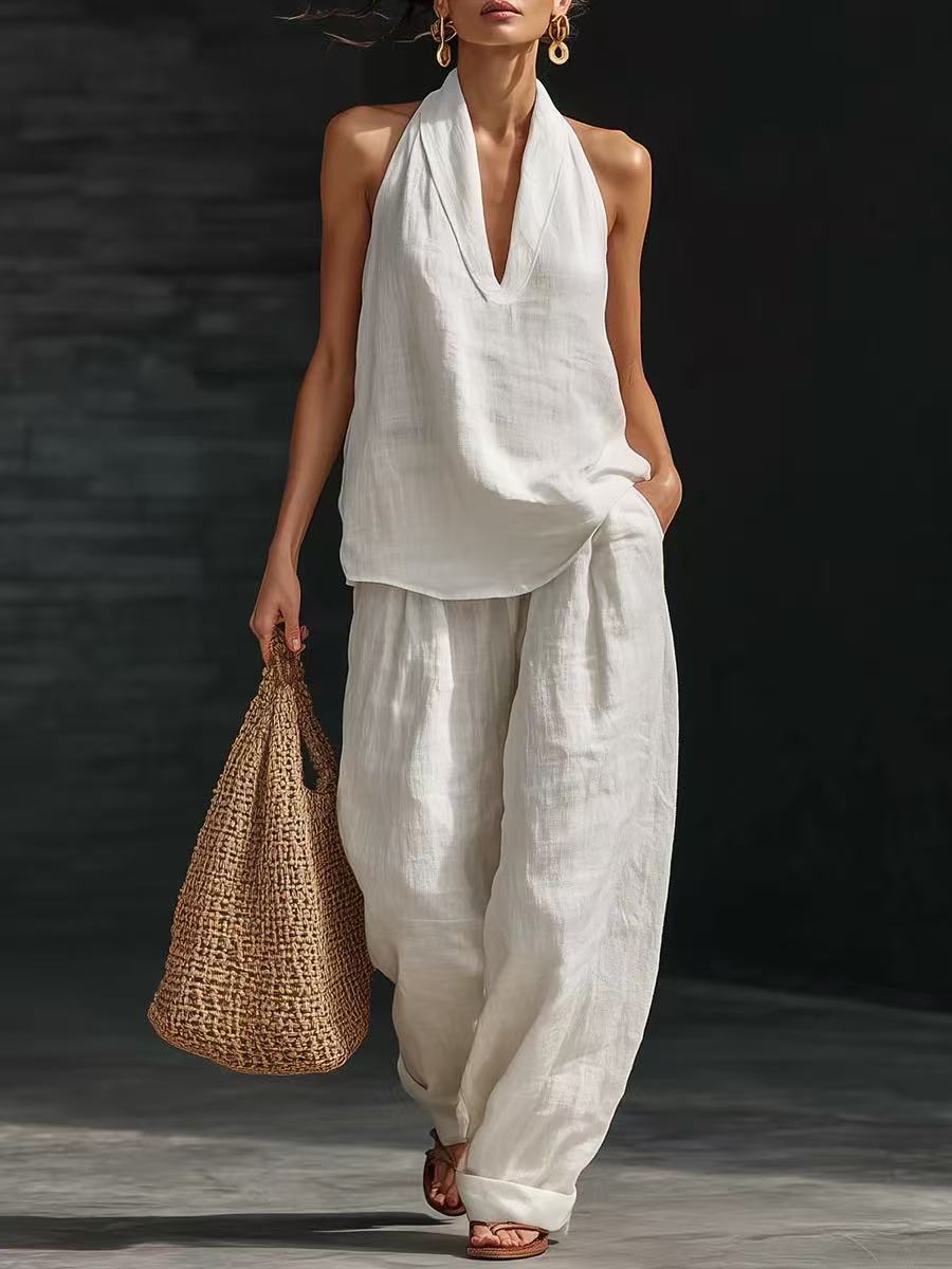 30%OFF【S-5XL】💥Conjunto casual para mujer, top con cuello en V + pantalón de pierna ancha