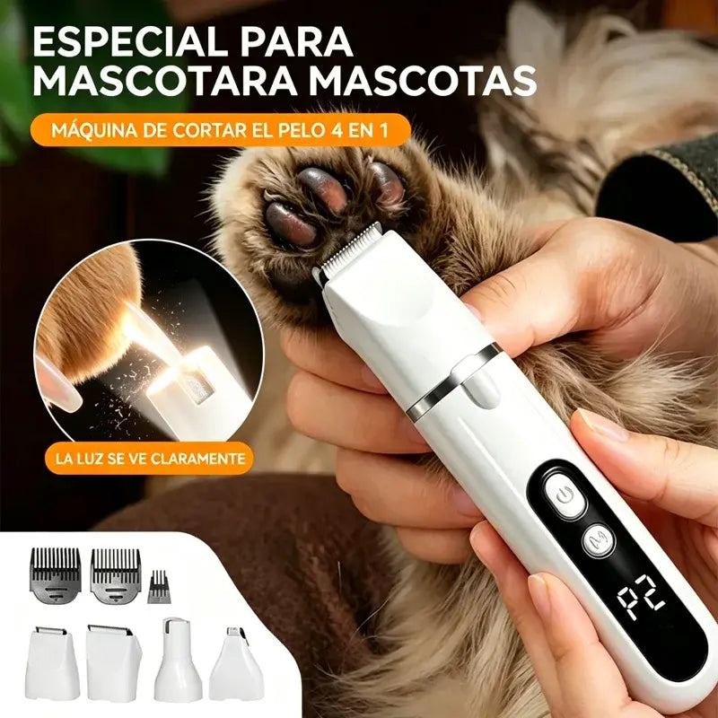 Cortapelos para Mascotas 4 en 1 con Lima de Uñas | Recortadora USB Recargable para Perros y Gatos | Cuchillas Intercambiables para Pelo, Patas, Cara y Uñas