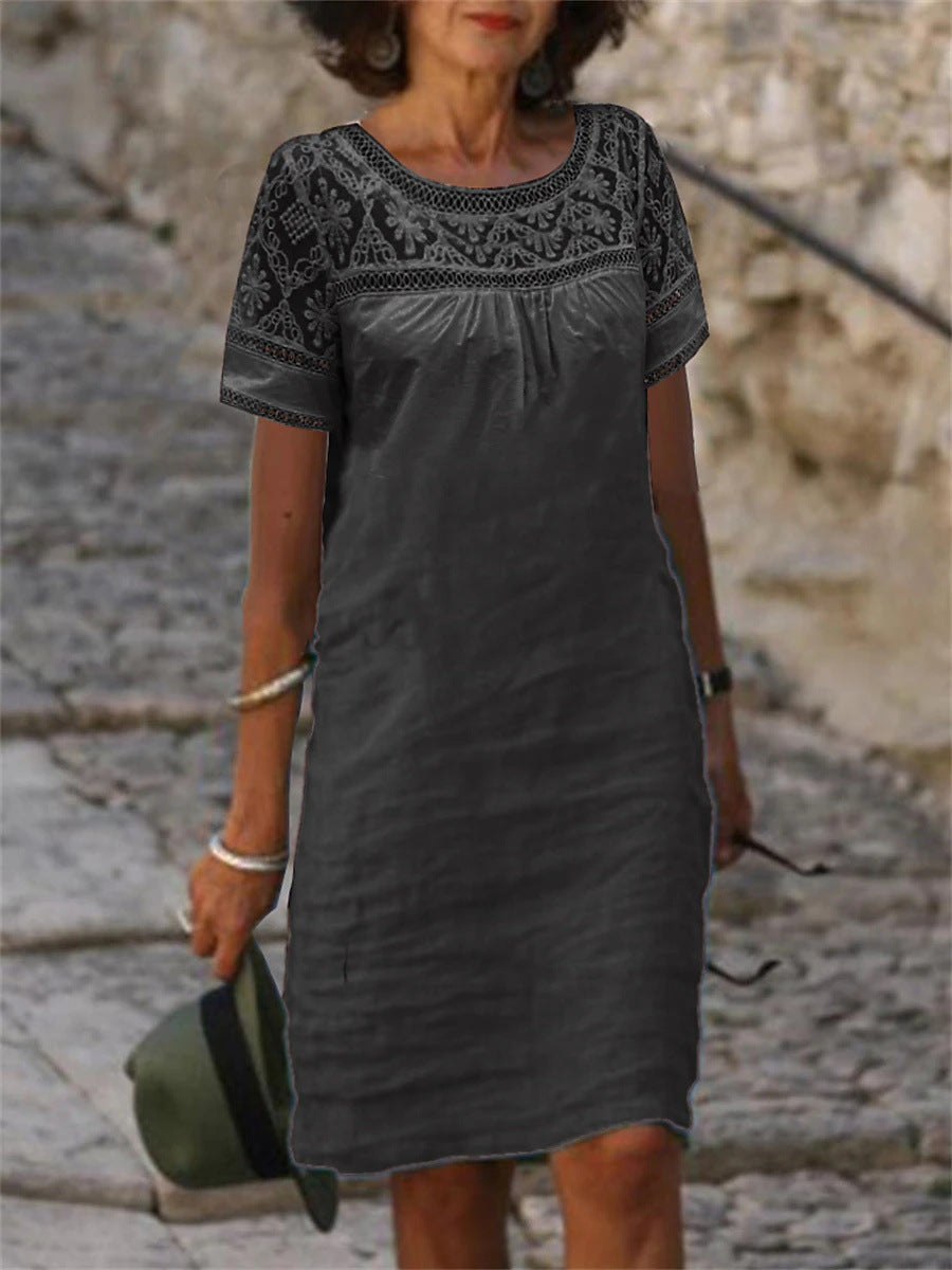 🌸Nuevo vestido de verano, confeccionado con tela de encaje patchwork, diseño de cuello redondo, tejido de mezcla de algodón y lino.