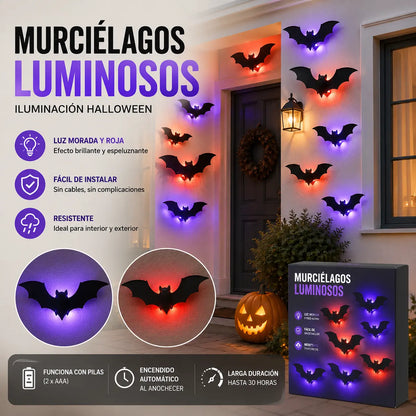 【12 piezas】Decoración de pared con murciélago iluminado con LED 3D