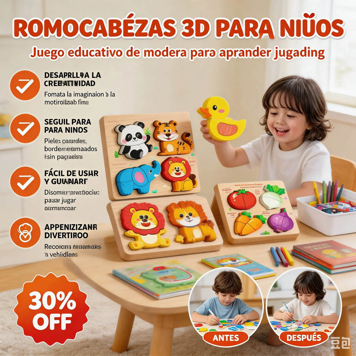 [4 piezas 24 euros] Rompecabezas 3D de madera Montessori para educación infantil
