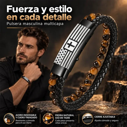 ✝️ Pulsera de Cuero para Hombre con Cruz | Diseño Trenzado de Doble Capa con Piedra Volcánica y Ojo de Tigre