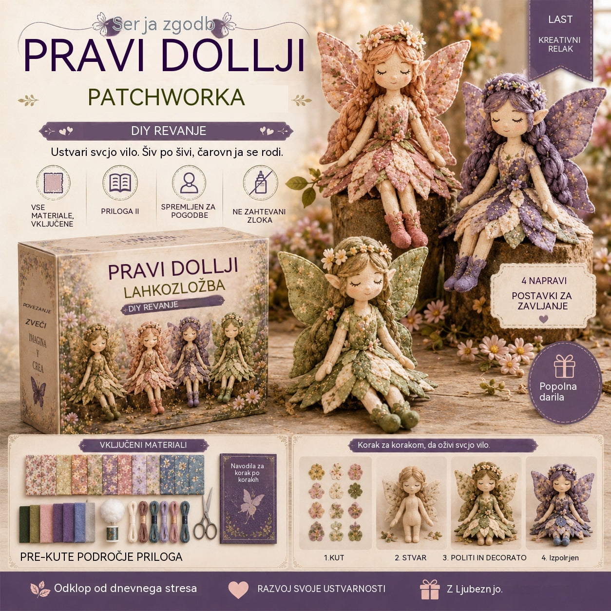 🌸50 % popusta - Serija šivanja pravljic - Komplet za vilenjaško lutko iz patchworka✨👼