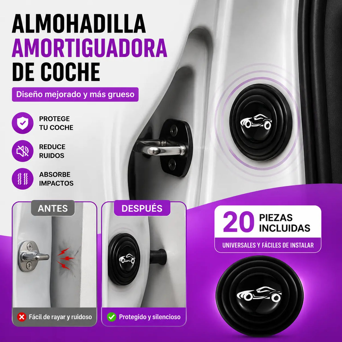 【20 pieza】Almohadillas universales amortiguadoras para puertas de coche, almohadillas elásticas de silicona anticolisión.
