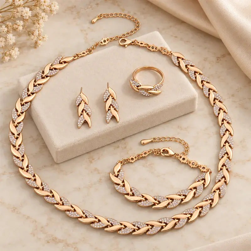 ✨💎 Set de Joyas de 4 Piezas para Mujer | Collar, Pulsera, Anillo y Pendientes con Diseño de Hojas y Circonitas