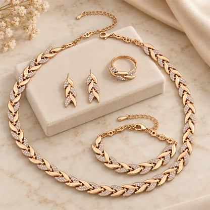 ✨💎 Set de Joyas de 4 Piezas para Mujer | Collar, Pulsera, Anillo y Pendientes con Diseño de Hojas y Circonitas
