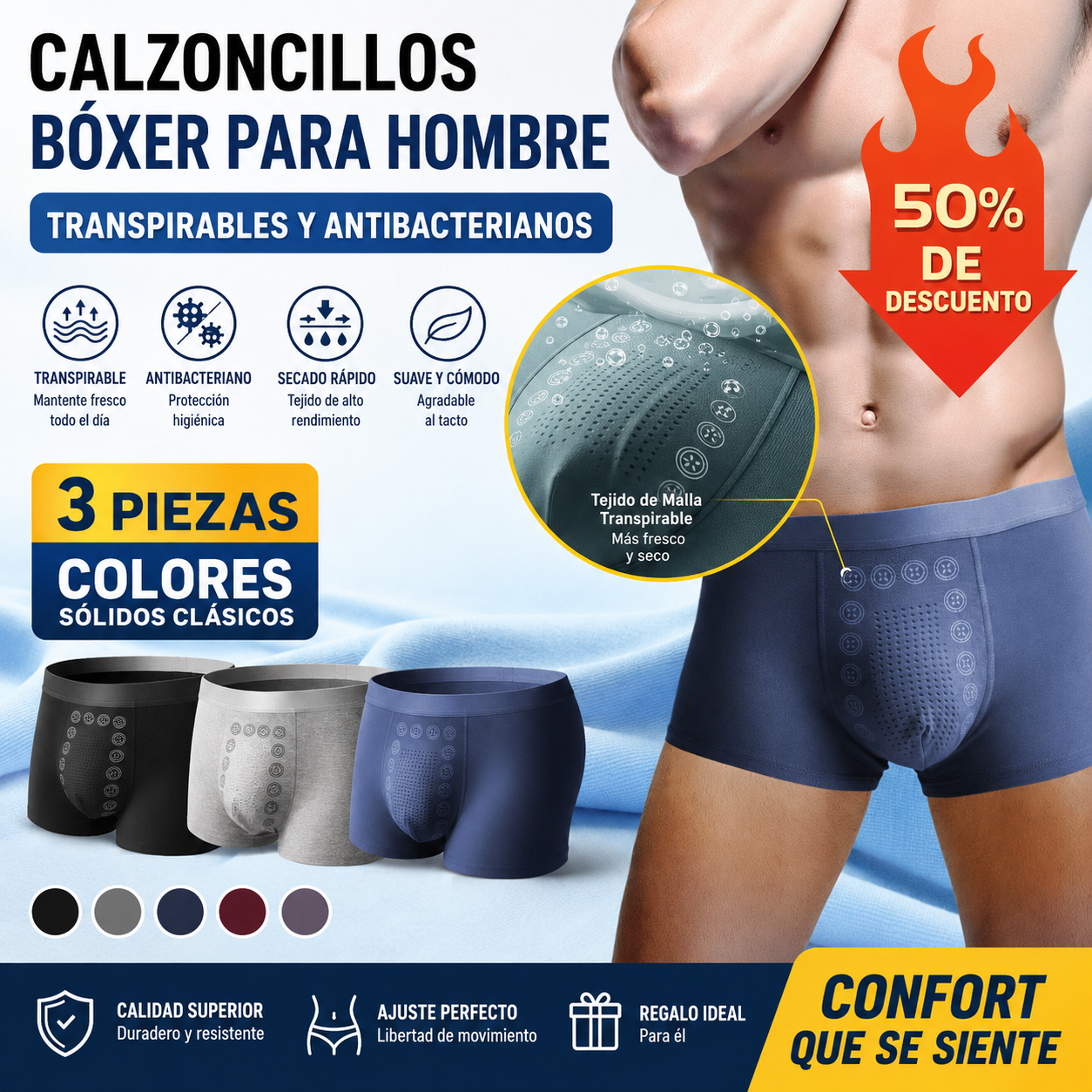 👍🩲【Conjunto de calzoncillos bóxer de tres piezas transpirables y antibacterianos para hombre】