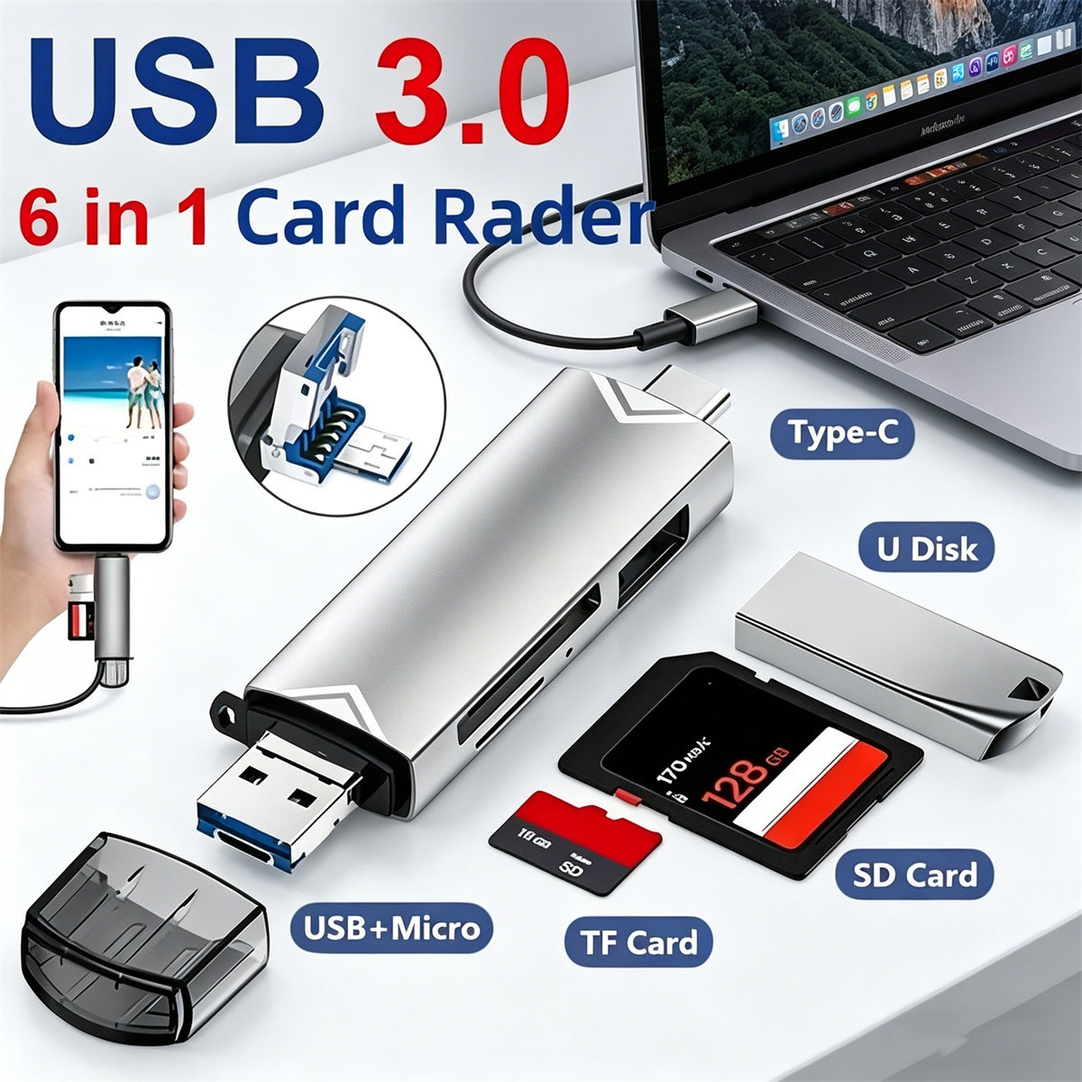 🔥Lector de tarjetas USB multifuncional 6 en 1 de alta velocidad, universal para teléfonos móviles, computadoras, cámaras OTG, discos SD/TF/U, transmisión 5G, interfaz Android tipo c, plug and play