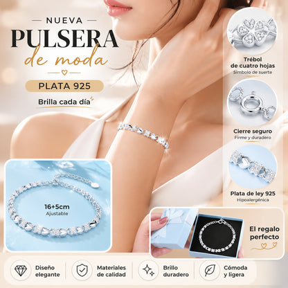 Pulsera de plata de ley 925 con trébol de cuatro hojas, diseño elegante y de buena suerte, brillo duradero, diseño exquisito.