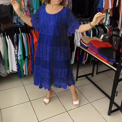 【S-5XL】2026 Nuevo vestido camiseta de manga corta, cuello redondo y encaje.【40-120kg】