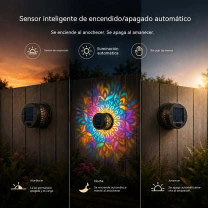 🌸🌙🔮Lámpara de pared con proyección de diseño de mandala para exteriores, alimentada por energía solar.