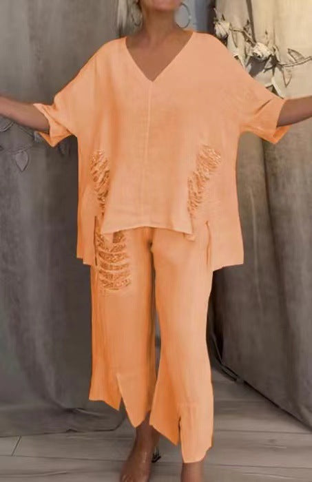 【Pantalones + Top】2026 Traje de dos piezas de lino y algodón con cuello en V para mujer