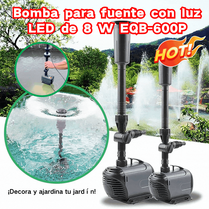 ⛲🌈Bomba de fuente con iluminación LED de colores, bomba de fuente EQB-600P de 8 W (adecuada para profundidades de agua inferiores a 30 cm)
