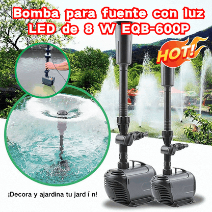 ⛲🌈Bomba de fuente con iluminación LED de colores, bomba de fuente EQB-600P de 8 W (adecuada para profundidades de agua inferiores a 30 cm)