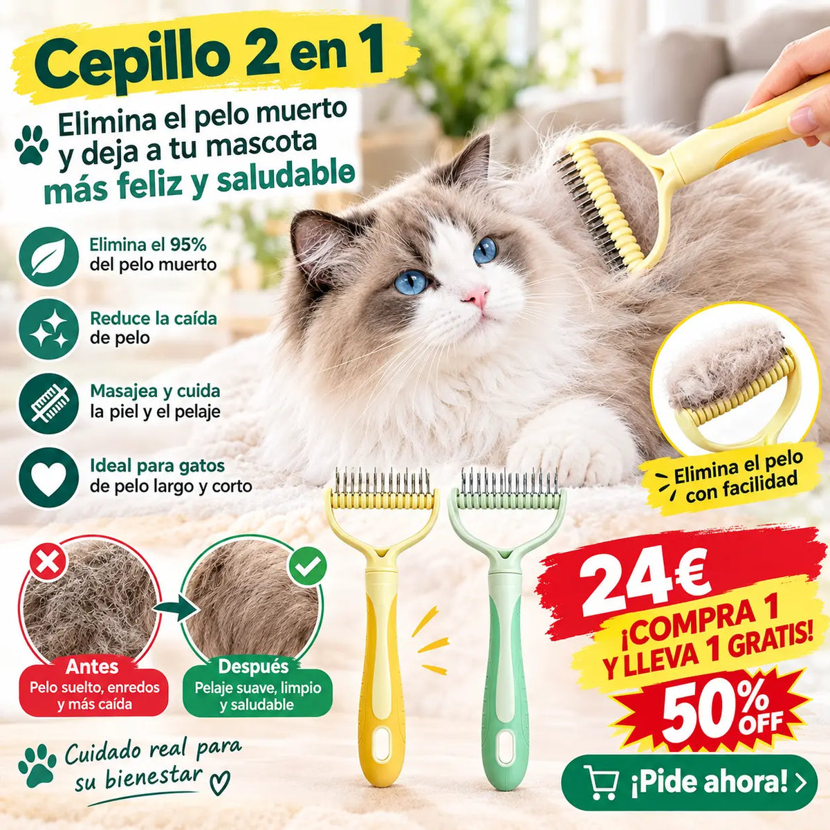 🐶【Compra 1 y llévate 1 gratis】-2 piezas--🧹 Cepillo autolimpiante de doble cara para mascotas: elimina el pelo muerto y reduce la caída del pelo en perros y gatos.