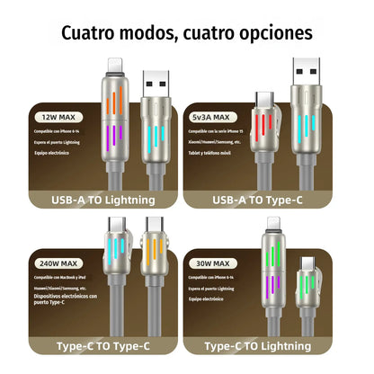 🔥 【2 unidades por 26 euros】 🔥 (2 metros de largo) Cable 4 en 1 PD 240 W – Carga rápida USB‑C, Lightning y USB‑A, aluminio y silicona, sincronización de datos ⚡📱