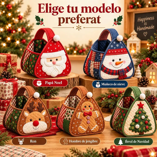 💯⏳ 49% de descuento 🎄 Cesta acolchada con motivos navideños | Telas tipo patchwork acolchadas, aplicaciones superpuestas y asa suave; disponible en kit de montaje (DIY) o ya lista para usar 🎁✨