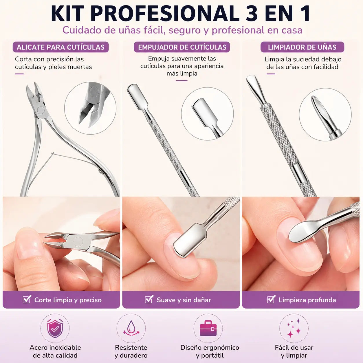 📢📢¡50% de descuento! ⏰Kit de cuidado de cutículas de acero inoxidable - 3 piezas