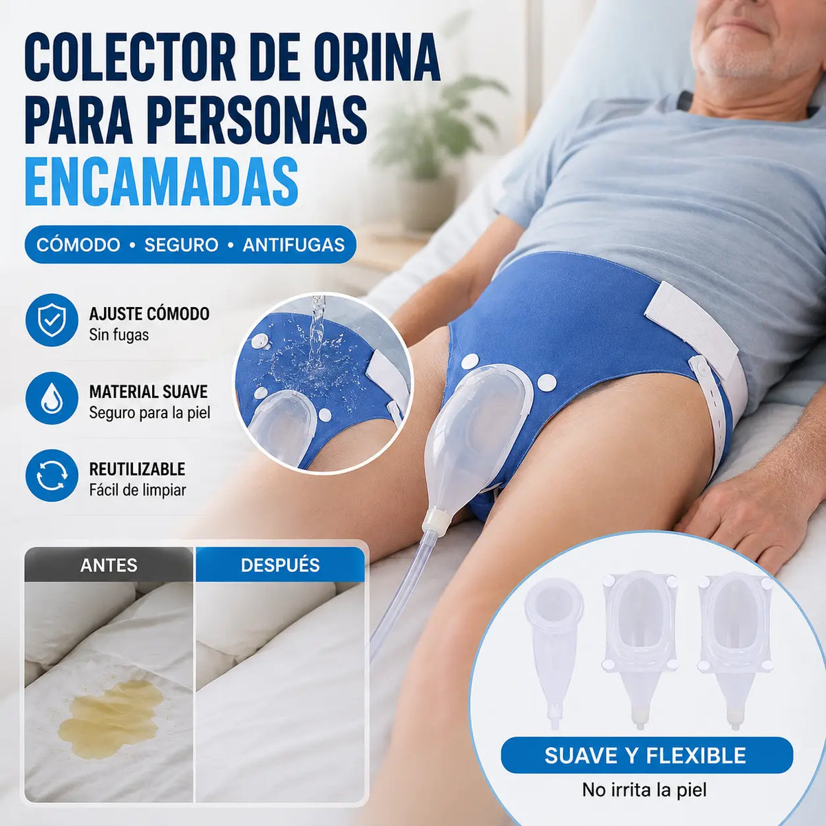 Dispositivo de micción de silicona para ancianos postrados en cama, que incluye bolsas recolectoras de orina para ancianos enfermos y paralizados.