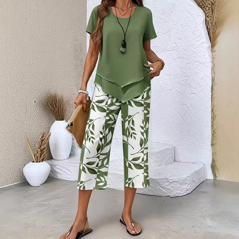 👗 ¡50% DE DESCUENTO AHORA! 🌿 Conjunto casual de túnica de cuello redondo y pantalones anchos con capas – Bajo asimétrico, pantalones estampados y transpirables ✨