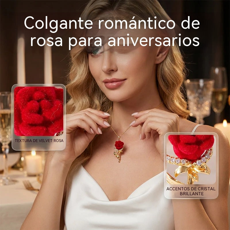 Compra 1 y llévate 1 gratis✨ Elegante collar con colgante de rosa roja – Flor de terciopelo, detalles de cristal, tono dorado ✨