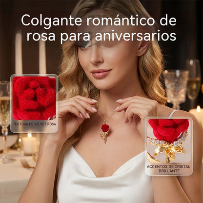 Compra 1 y llévate 1 gratis✨ Elegante collar con colgante de rosa roja – Flor de terciopelo, detalles de cristal, tono dorado ✨