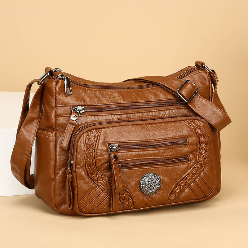 Bolso bandolera/cruzado de piel suave multicapa de gran capacidad para mujer.