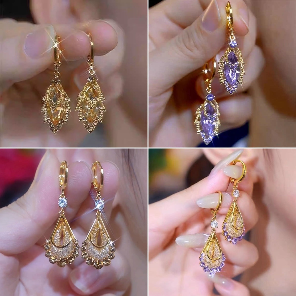 ✨【2/4 pares】Elegantes pendientes de oro con diamantes brillantes