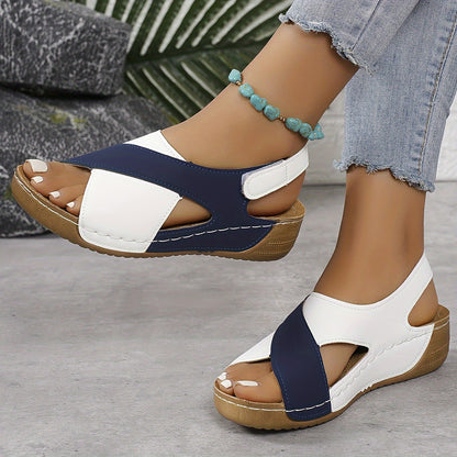 🔥👡【36-43】Sandalias de cuña de color en contraste para mujer, zapatos casuales de verano con punta abierta