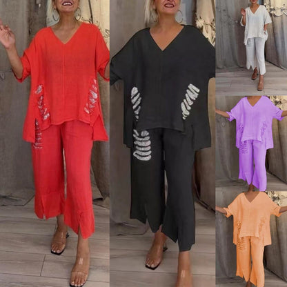 【Pantalones + Top】2026 Traje de dos piezas de lino y algodón con cuello en V para mujer