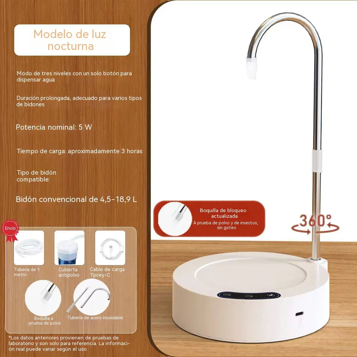 Bomba de agua portátil 2 en 1, apta para cubos de agua, grifo giratorio de 360°, tres velocidades de agua y carga mediante puerto USB tipo C.
