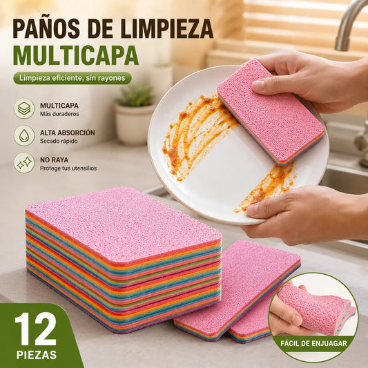 【3 pieza 】Paños de limpieza multicolores, fáciles de rasgar y de alta resistencia para cocinas y hogares; cada capa se puede arrancar y usar tanto en seco como en húmedo.