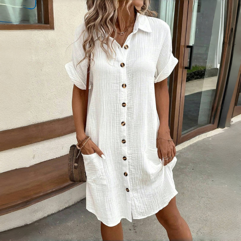 💯【S-2XL】2026 Vestido suelto de lino y algodón de manga corta y largo medio con botones