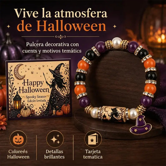 🎃🖤 Pulsera de Halloween con Gato Negro y Calabaza | Brazalete de Cuentas con Dijes de Bruja