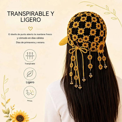 🌻🧶 Gorra de Ganchillo con Girasol para Mujer | Gorra Boho Calada de Verano con Borlas Decorativas