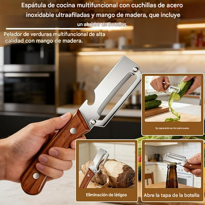 🔪🔥Multifunkcionális konyhai kaparó ultraéles rozsdamentes acél pengékkel és fa nyéllel, üvegnyitóval.