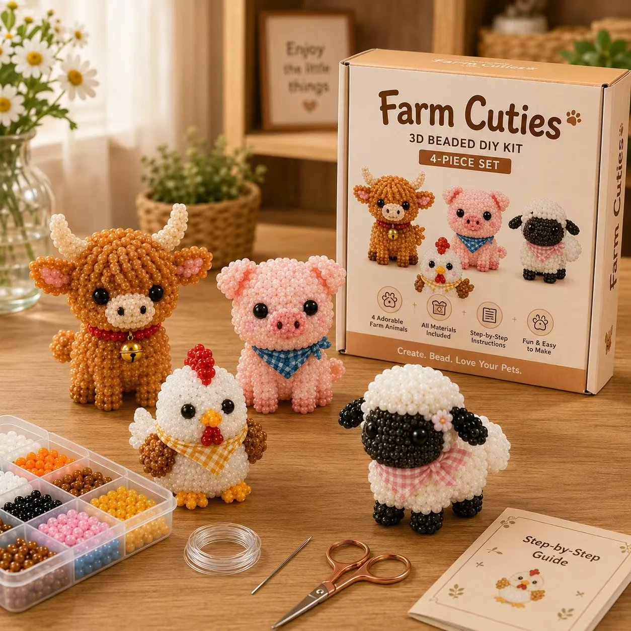 🏆Oferta por tiempo limitado🧵✨ Kit de manualidades que incluye pequeños animales 3D y cuentas