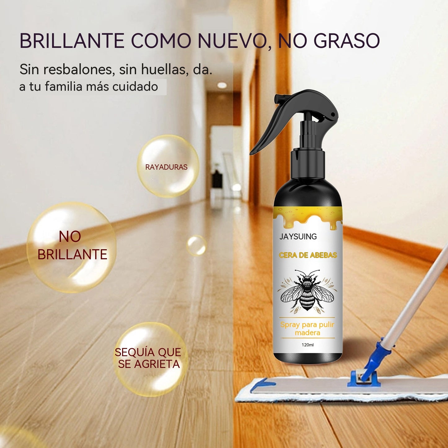 🍯 Spray pulidor de madera con infusión de cera de abeja para el mantenimiento de muebles y la prevención de grietas.