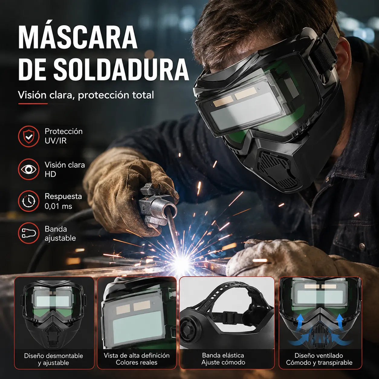 Casco de soldadura totalmente automático con cambio de luz y máscara protectora montada en la cabeza para soldadores