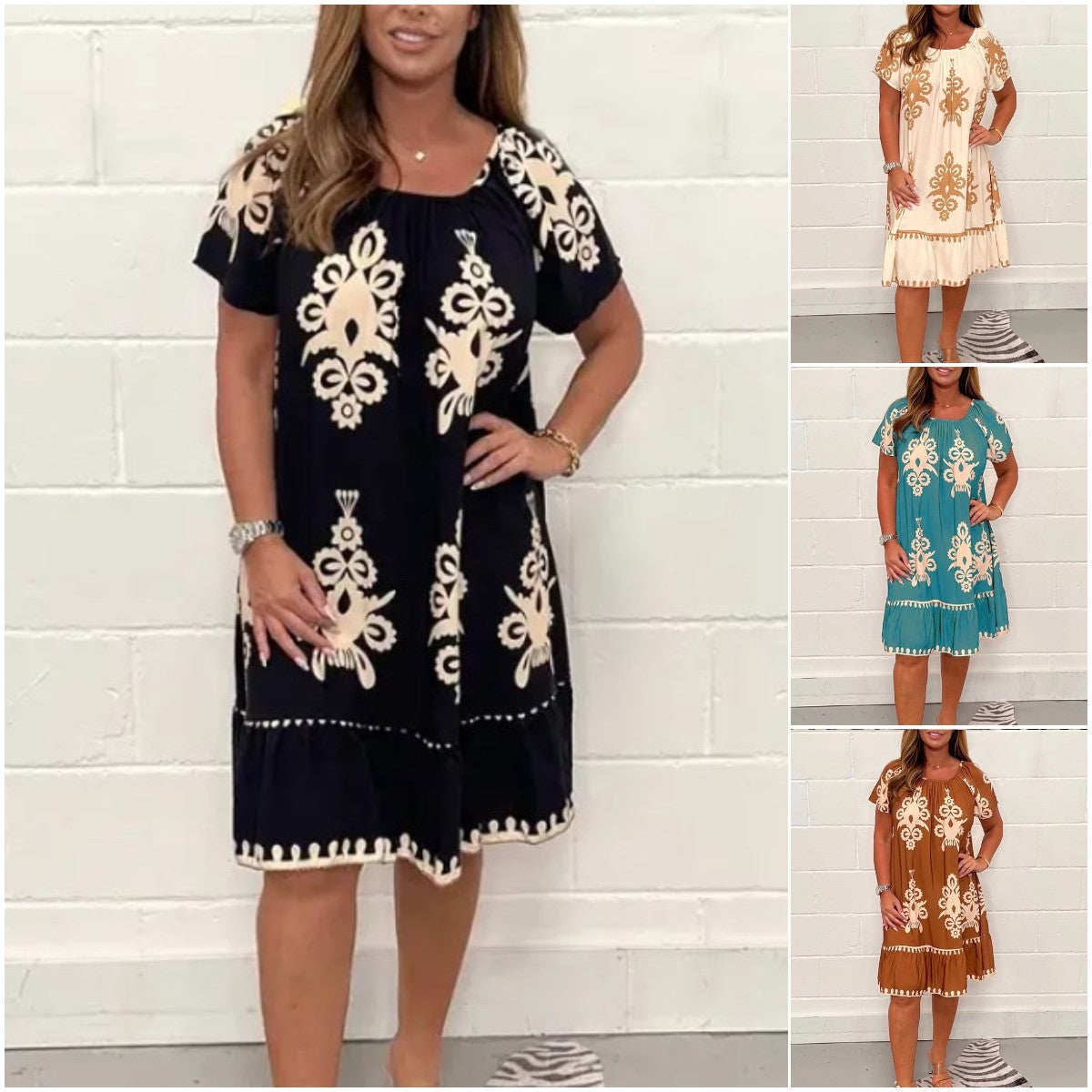 【S-5XL】Vestido de cuello cuadrado con diversos estampados geométricos