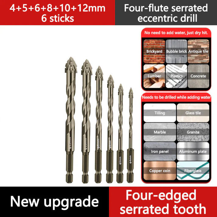 4+5+6+8+10+12mm（6 piezas）🔥Juego de brocas excéntricas de 4 flautas de alta resistencia-