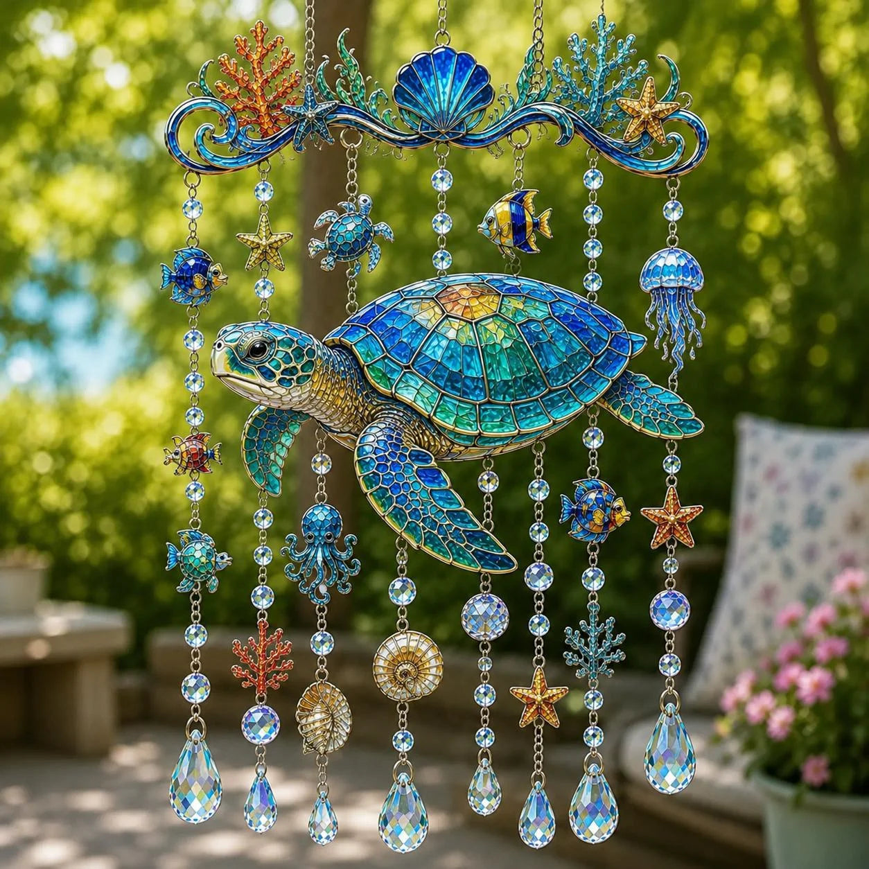 🌊💎 Carrillón de viento de cristal con temática marina: la decoración ideal para tu jardín y balcón.