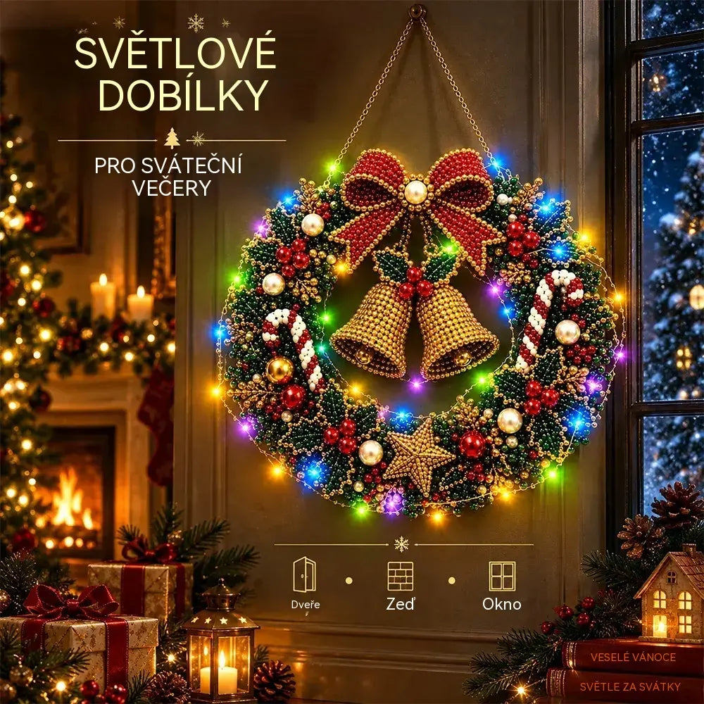 🎄 Vánoční věnec k vlastnímu sestavení s kamínky, perlami a LED světýlky! Odolný akrylový základ · 9 svátečních motivů · Dokonalá dekorace na dveře, stěny i okna · Dárek od srdce!