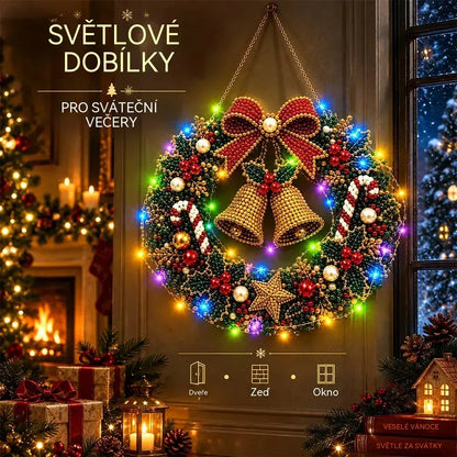 🎄 Vánoční věnec k vlastnímu sestavení s kamínky, perlami a LED světýlky! Odolný akrylový základ · 9 svátečních motivů · Dokonalá dekorace na dveře, stěny i okna · Dárek od srdce!