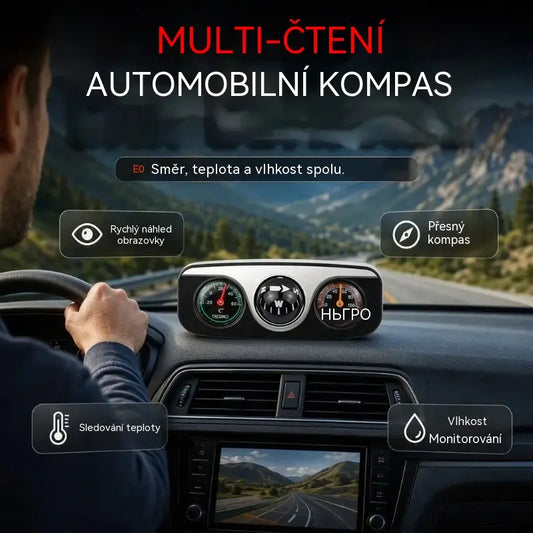 Multifunkční 3v1 automobilový kompas s teploměrem a vysokou přesností.