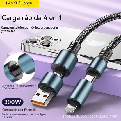 🔥3 artículos por 26 euros🔌(1+1.5+2 metros de largo) Cable 4 en 1 PD 240 W – Carga rápida USB‑C, Lightning y USB‑A,  sincronización de datos ⚡📱