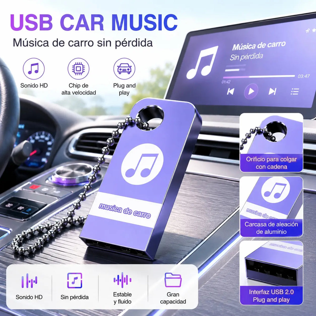 🚗🎵🎵【 32G】 【Unidad flash USB de música】contiene 3000 canciones, 200 MV y efectos de sonido 6D