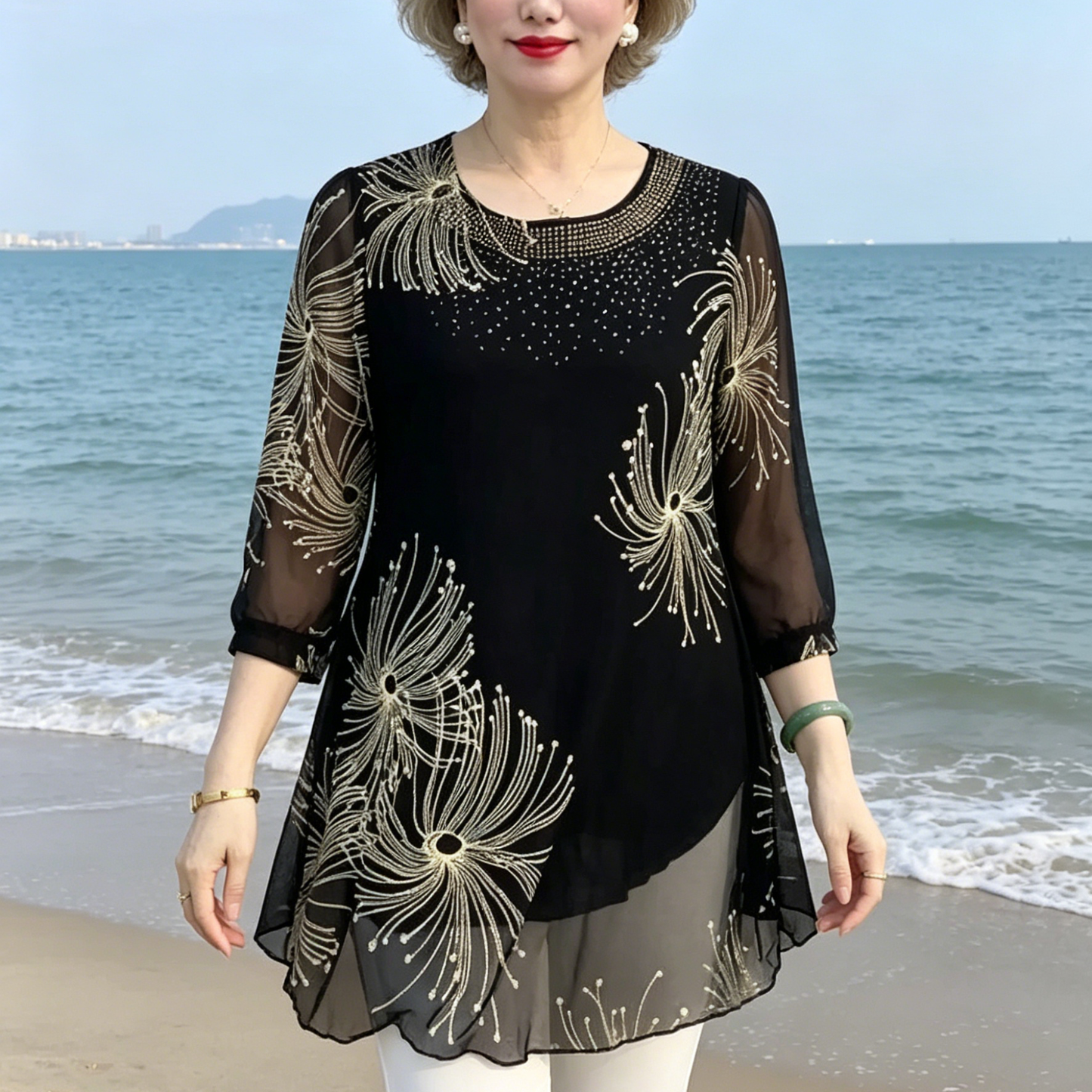 【M-4XL】Camisa de gasa bordada con flores para mujer, a la moda, 2026