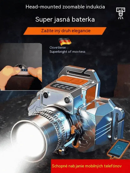 Ultrajasný LED čelovkový svietidlo s dlhým dosahom: nastaviteľný zoom, nabíjanie cez USB a možnosť nabíjania telefónu.
