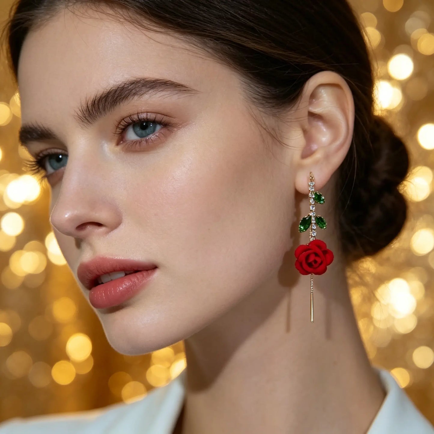 Oferta relámpago【2 pares】Pendientes de rosa roja con tallo de cristal